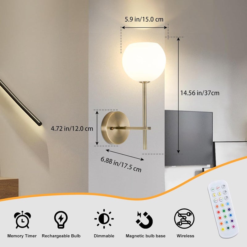 Keep Shinning Brass Battery Operated Wall Sconces Set of 2, Rechargeable Wireless Wall Lights with Milky White Frosted Glass, 12 RGB and 3CCT Dimmable, Wall Lamps with Remote for Bedroom Living Room Hallway - Image 2